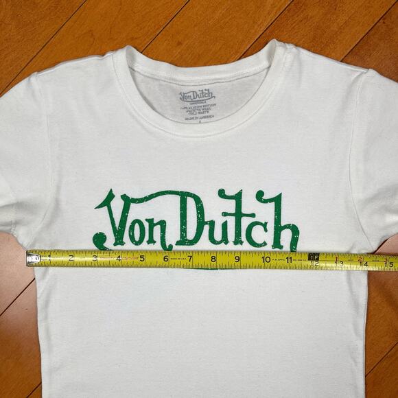 Y2K Von Dutch Logo Graphic Baby Tee White Green Babydoll T Shirt Vintage - Picture 13 of 15
